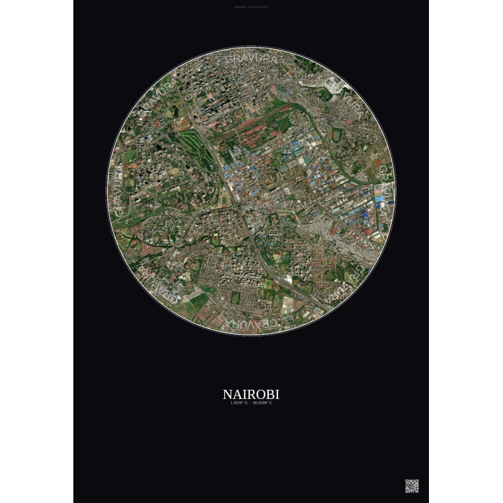 Affiche Nairobi – Poster vue satellite 2.5km Couleur | Gravura – Fond foncé