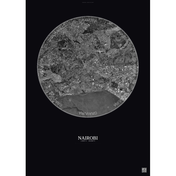 Affiche Nairobi – Poster vue satellite 6km N&B | Gravura – Fond foncé