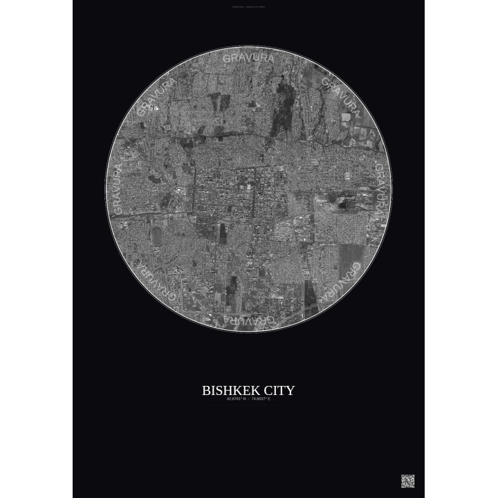 Affiche Bishkek City – Poster vue satellite 6km N&B | Gravura – Fond foncé