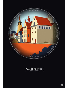 Affiche Washington – Poster illustration vintage – Historic Old Town Of Washington | Gravura – Fond foncé