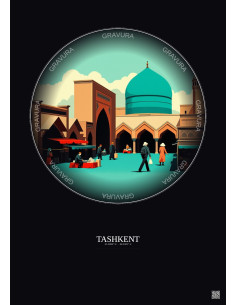 Affiche Tashkent – Poster illustration vintage – Chorsu Bazaar | Gravura – Fond foncé