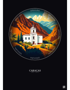 Affiche Caracas – Poster illustration vintage – Mariperez Church | Gravura – Fond foncé