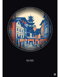 Affiche Ha Noi – Poster illustration vintage – Historic Old Town Of Ha Noi | Gravura – Fond foncé