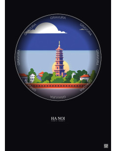 Affiche Ha Noi – Poster illustration vintage – Most Iconic Landmark Of Ha Noi | Gravura – Fond foncé