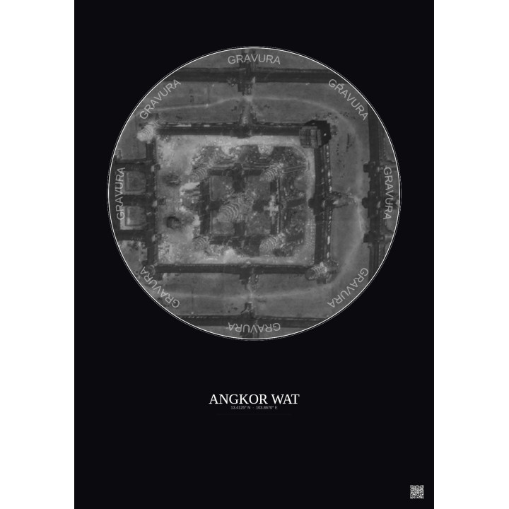 Affiche Angkor Wat – Poster vue satellite 0.1km N&B | Gravura – Fond foncé