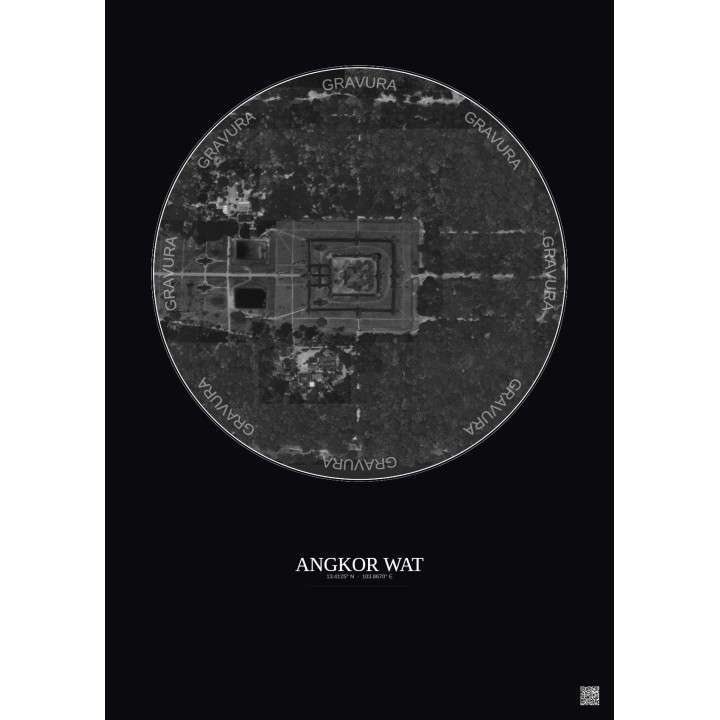 Affiche Angkor Wat – Poster vue satellite 0.5km N&B | Gravura – Fond foncé