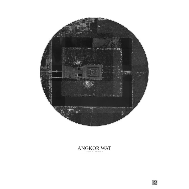 Affiche Angkor Wat – Poster vue satellite 1km N&B | Gravura – Fond clair
