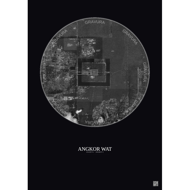 Affiche Angkor Wat – Poster vue satellite 2.5km N&B | Gravura – Fond foncé