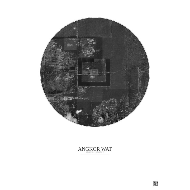 Affiche Angkor Wat – Poster vue satellite 2.5km N&B | Gravura – Fond clair