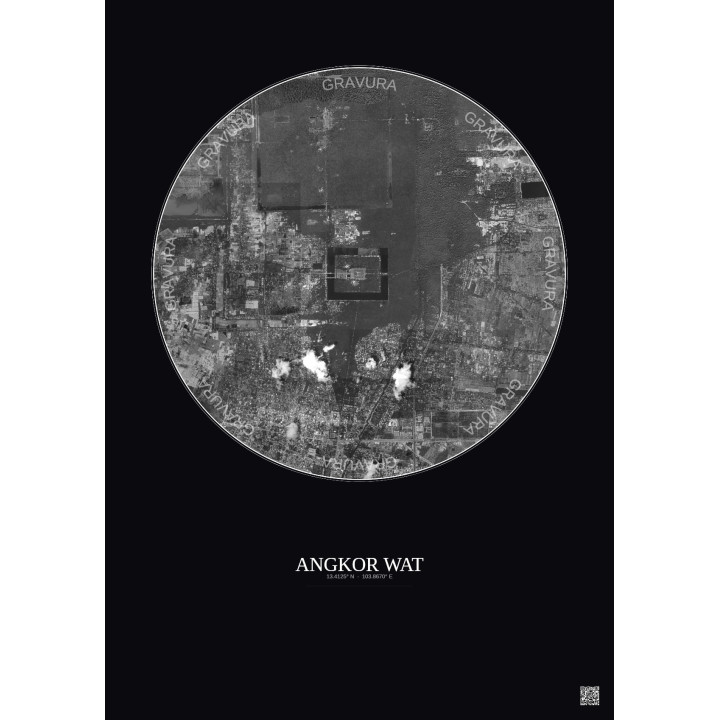 Angkor Wat Satellite View Poster 5km B&W | Gravura – Dark background
