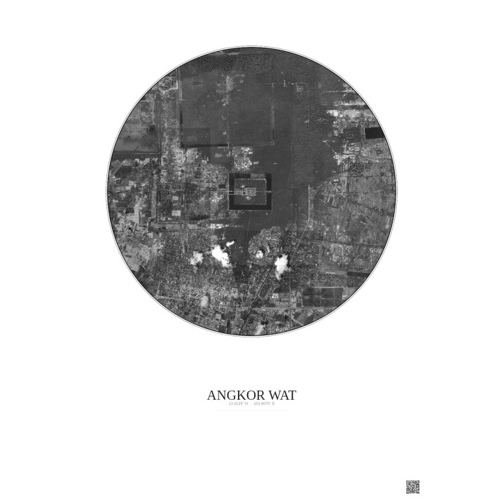 Affiche Angkor Wat – Poster vue satellite 5km N&B | Gravura – Fond clair