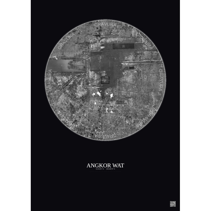 Affiche Angkor Wat – Poster vue satellite 10km N&B | Gravura – Fond foncé