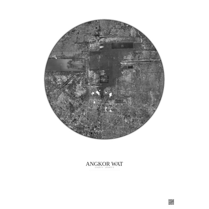 Affiche Angkor Wat – Poster vue satellite 10km N&B | Gravura – Fond clair