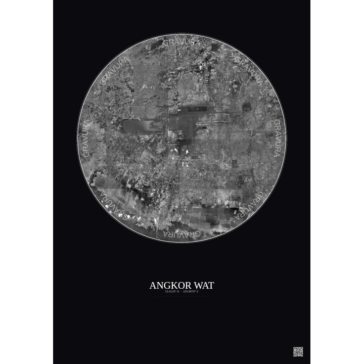 Affiche Angkor Wat – Poster vue satellite 20km N&B | Gravura – Fond foncé