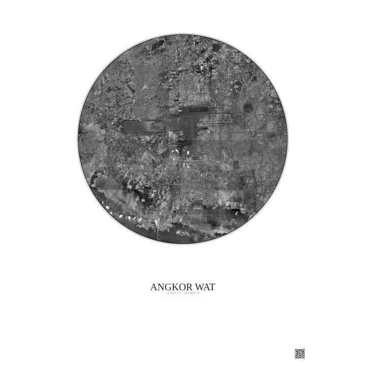 Angkor Wat Satellite View Poster 20km B&W | Gravura – Light background