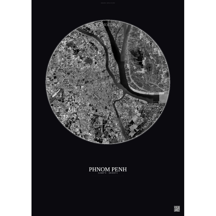 Affiche Phnom Penh – Poster vue satellite 10km N&B | Gravura – Fond foncé
