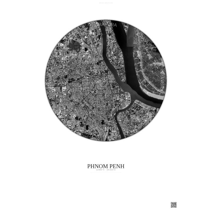 Affiche Phnom Penh – Poster vue satellite 6km N&B | Gravura – Fond clair