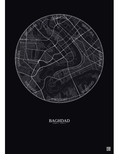 Affiche Baghdad – Poster carte de ville 6km | Gravura – Fond foncé