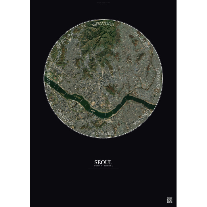 Affiche Seoul – Poster vue satellite 10km Couleur | Gravura – Fond foncé