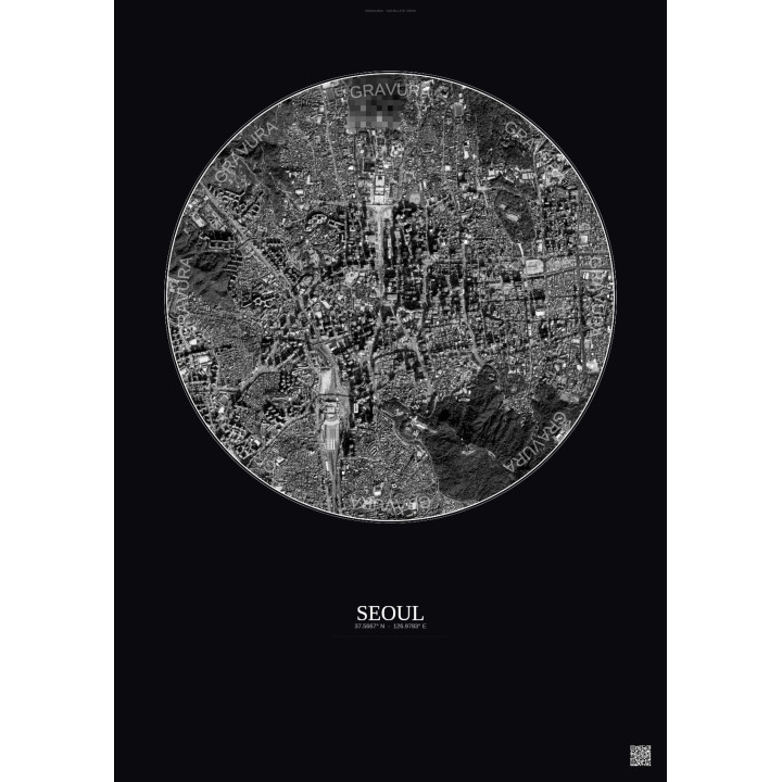 Affiche Seoul – Poster vue satellite 2.5km N&B | Gravura – Fond foncé