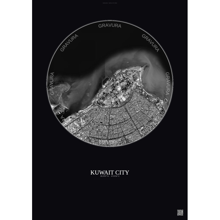 Kuwait City Satellite View Poster 6km B&W | Gravura – Dark background