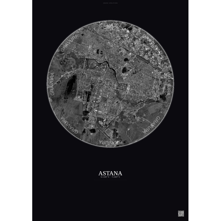 Astana Satellite View Poster 10km B&W | Gravura – Dark background