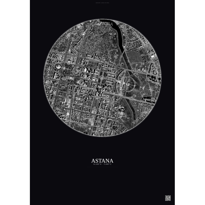 Astana Satellite View Poster 2.5km B&W | Gravura – Dark background