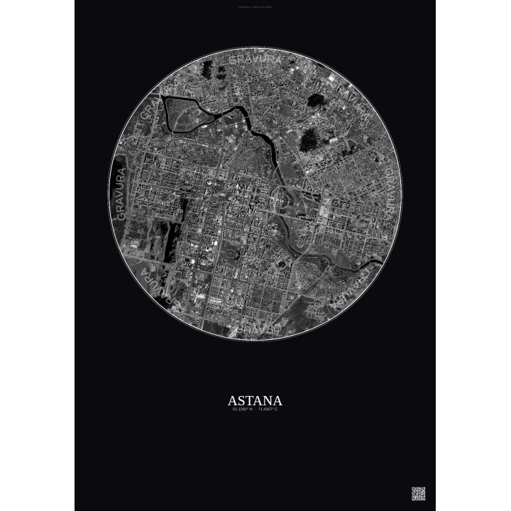 Affiche Astana – Poster vue satellite 6km N&B | Gravura – Fond foncé