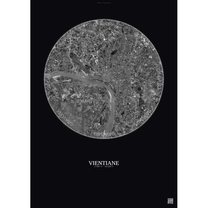 Vientiane Satellite View Poster 10km B&W | Gravura – Dark background