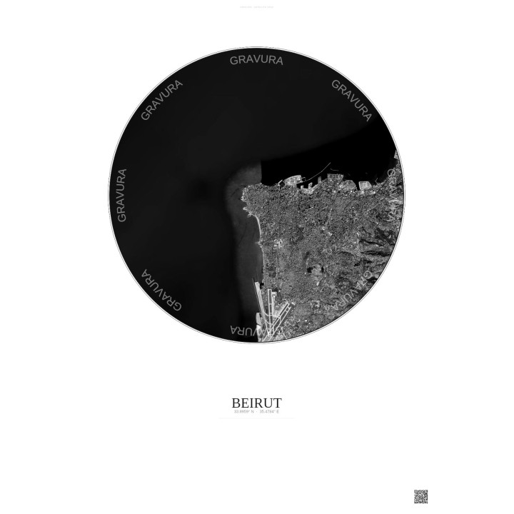 Affiche Beirut – Poster vue satellite 10km N&B | Gravura – Fond clair