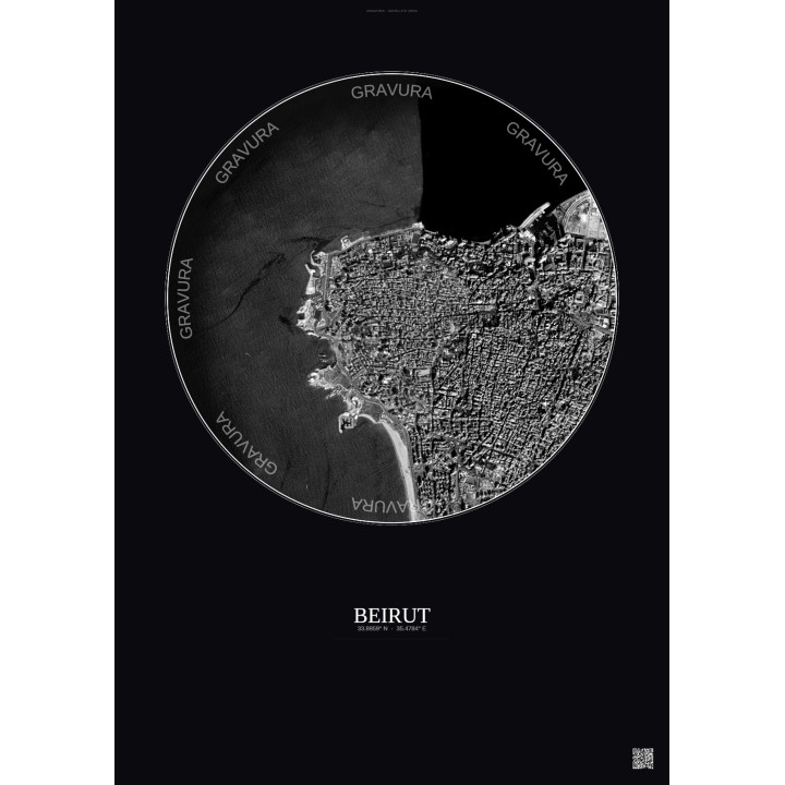 Affiche Beirut – Poster vue satellite 2.5km N&B | Gravura – Fond foncé