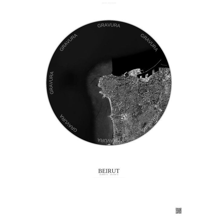 Affiche Beirut – Poster vue satellite 6km N&B | Gravura – Fond clair