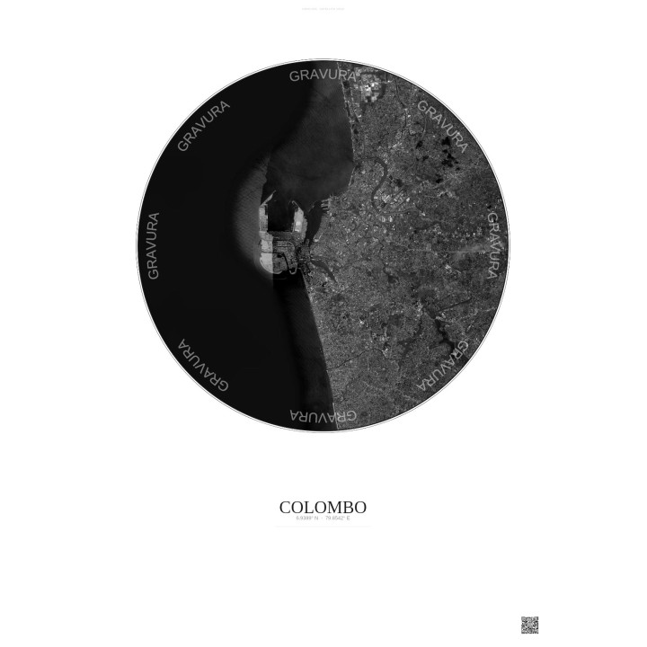 Affiche Colombo – Poster vue satellite 10km N&B | Gravura – Fond clair