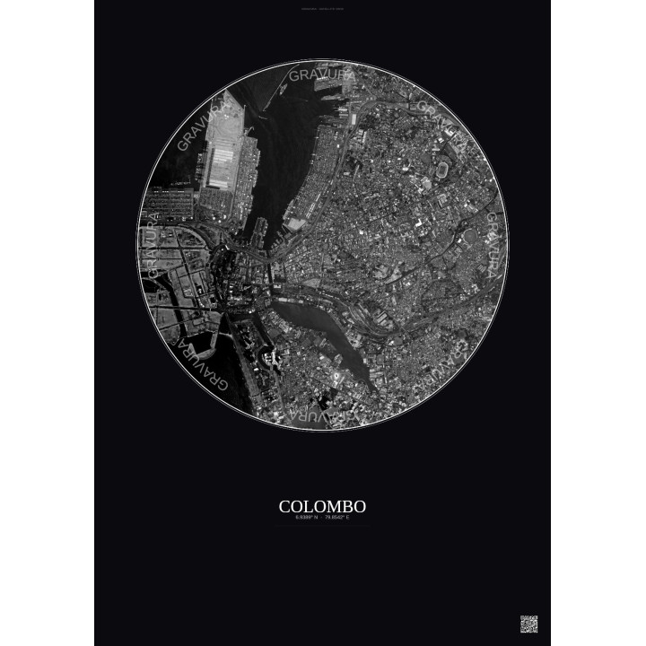Affiche Colombo – Poster vue satellite 2.5km N&B | Gravura – Fond foncé