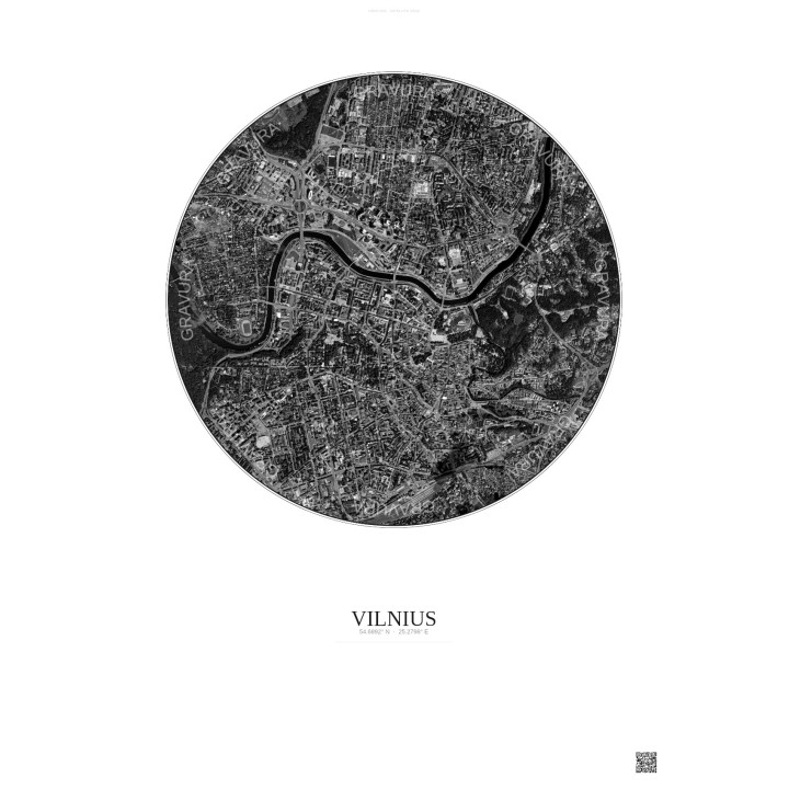 Affiche Vilnius – Poster vue satellite 2.5km N&B | Gravura – Fond clair