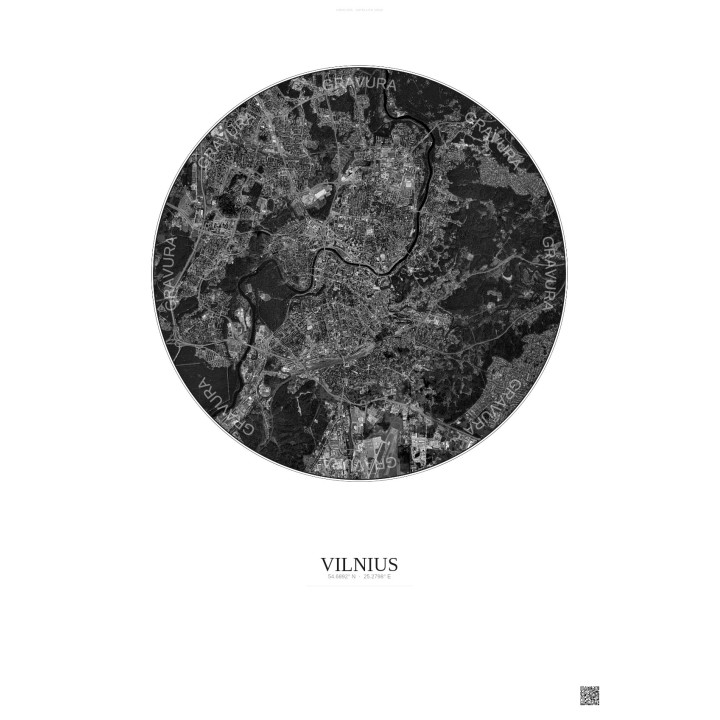 Vilnius Satellite View Poster 6km B&W | Gravura – Light background