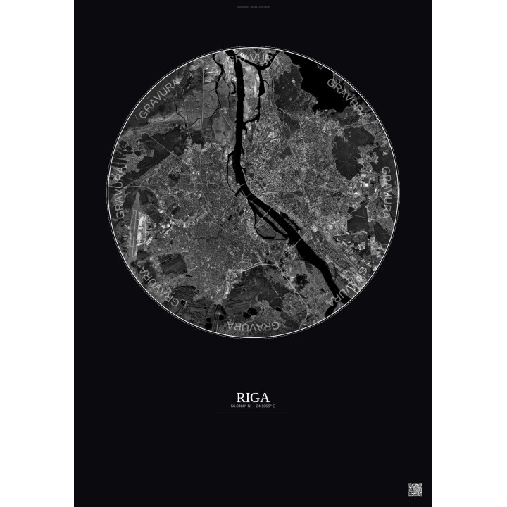 Affiche Riga – Poster vue satellite 10km N&B | Gravura – Fond foncé