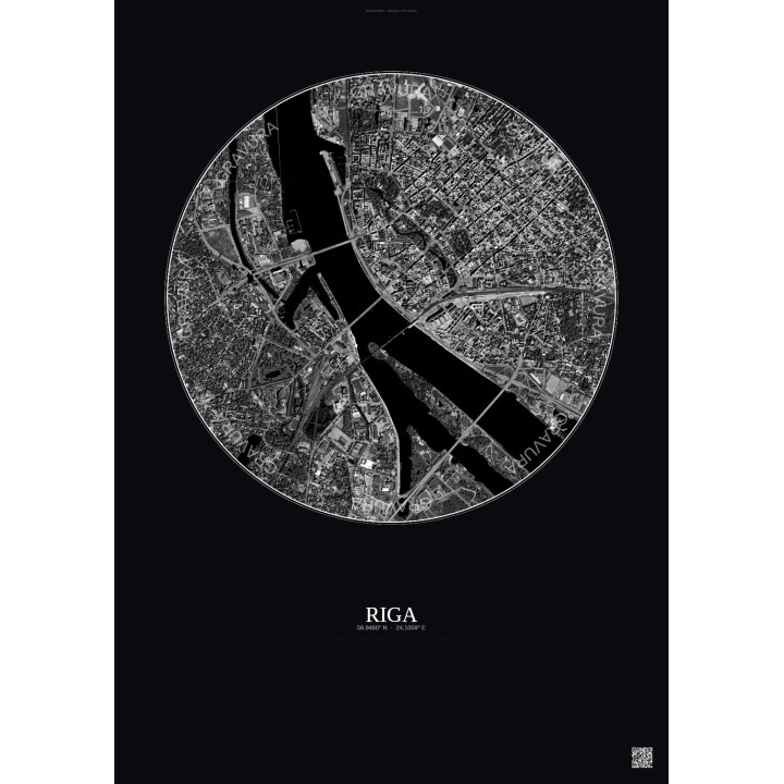 Riga Satellite View Poster 2.5km B&W | Gravura – Dark background