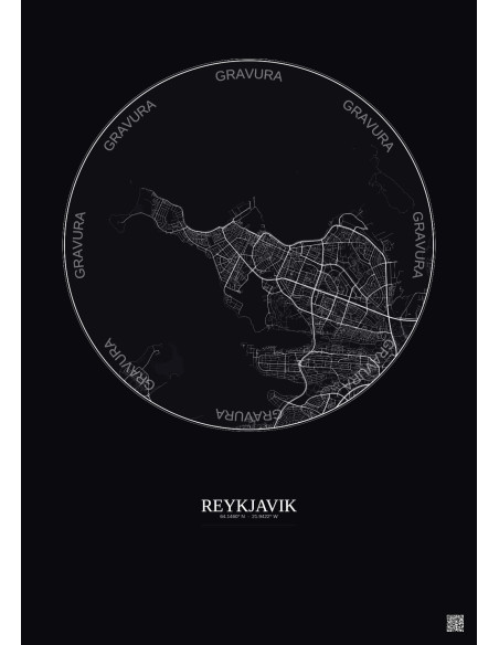 Affiche Reykjavik – Poster carte de ville 6km | Gravura – Fond foncé