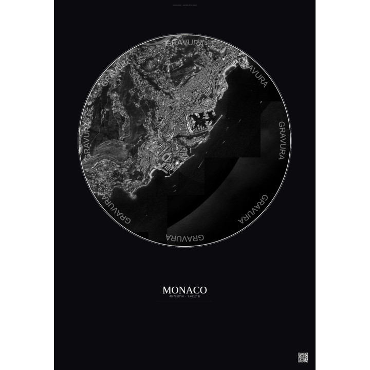 Affiche Monaco – Poster vue satellite 2.5km N&B | Gravura – Fond foncé