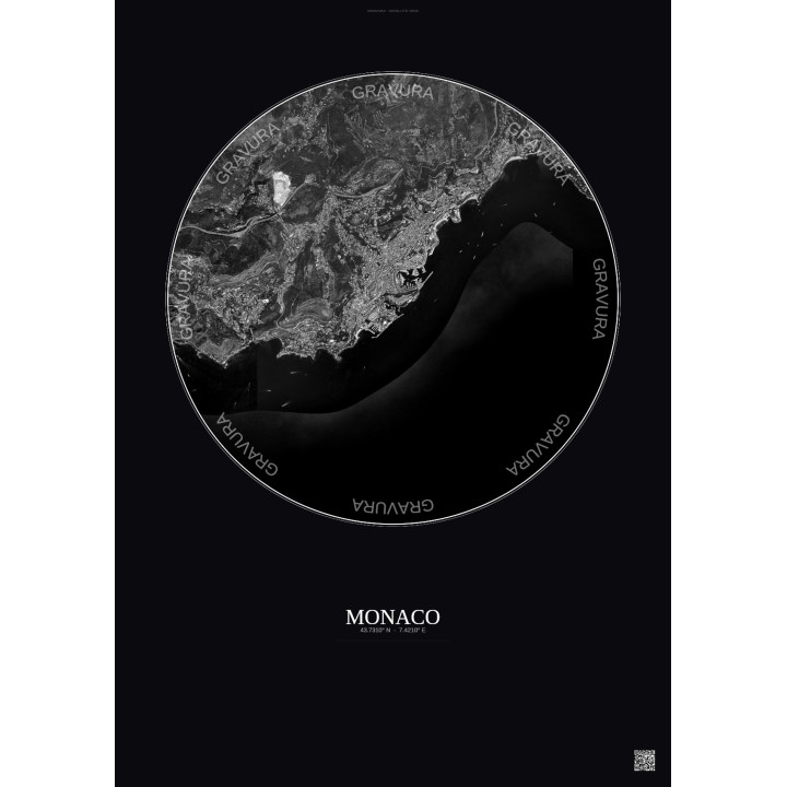 Monaco Satellite View Poster 5km B&W | Gravura – Dark background