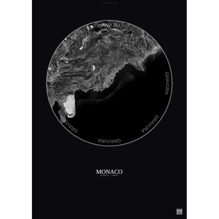 Affiche Monaco – Poster vue satellite 10km N&B | Gravura – Fond foncé