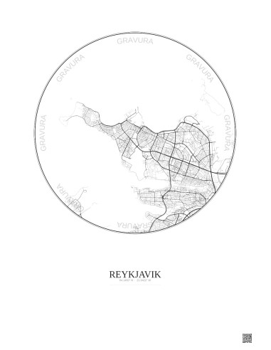 Affiche Reykjavik – Poster carte de ville 6km | Gravura – Fond clair