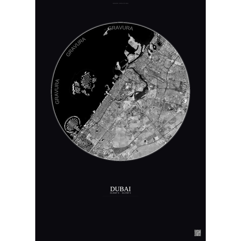 Affiche Dubai – Poster vue satellite 20km N&B | Gravura – Fond foncé