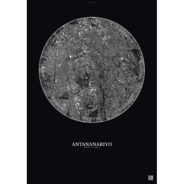 Antananarivo Satellite View Poster 2.5km B&W | Gravura – Dark background