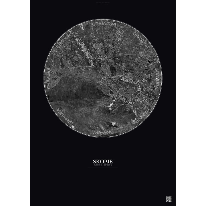 Skopje Satellite View Poster 10km B&W | Gravura – Dark background