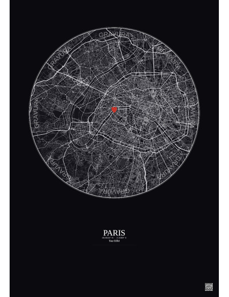 Paris - Carte de ville personnalisée 10 km · Fond foncé
