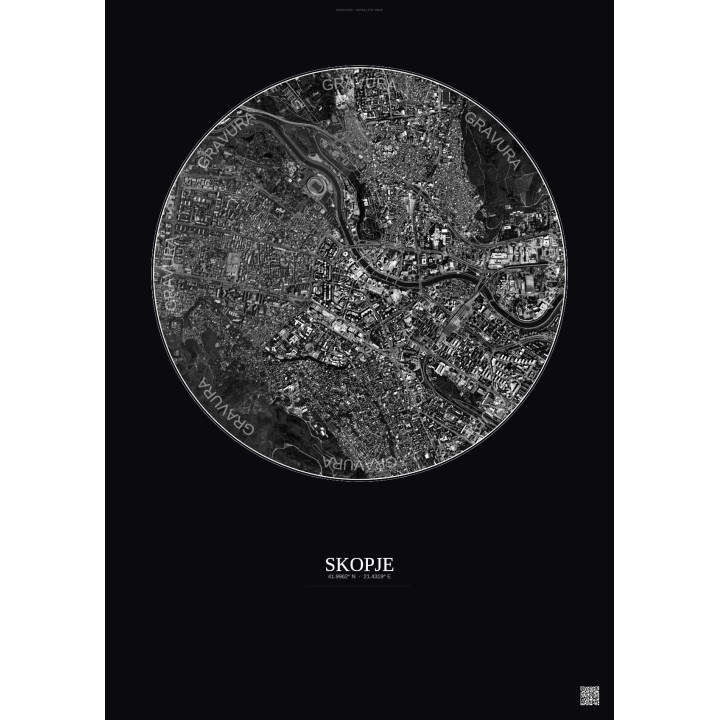 Skopje Satellite View Poster 2.5km B&W | Gravura – Dark background