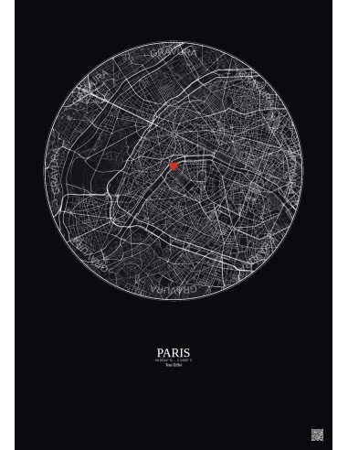 Paris - Carte de ville personnalisée 6 km · Fond foncé