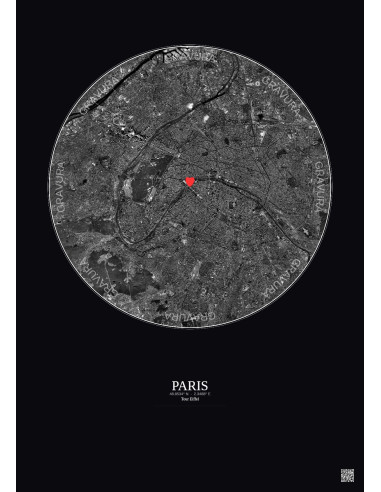 Paris - Vue satellite personnalisée 10 km · N&B · Fond foncé